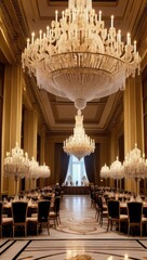 Exquisite Crystal Chandeliers Adorn and Illuminate the Grand Dining Hall with Elegance and Luxury