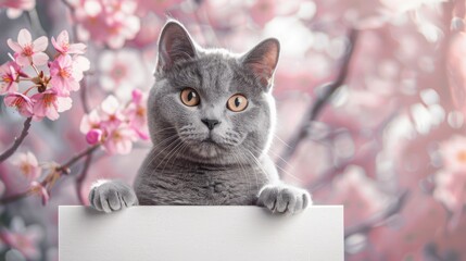 a British Shorthair cat holding a large, plain white signboard against a backdrop of cherry blossoms, creating a whimsical and picturesque scene that exudes elegance and sweetness.