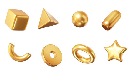 3d set gold shapes: square, sphere, pyramid, torus, star, icosphere, disk, capsule. Metal simple figures for your design on isolated background. Stock vector illustration on isolated background.
