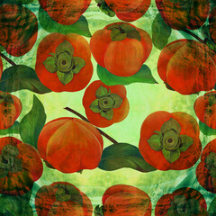 Persimmon fruits and leaves - seamless pattern. Watercolor background illustrations for greeting cards, fabric, kitchen textiles, wallpaper or wrapping paper. Use printed materials, signs, objects, - 749585056
