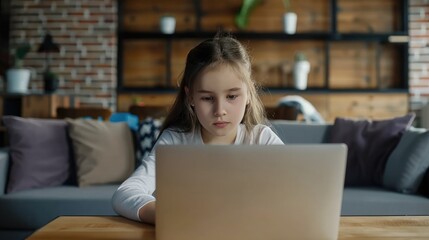 Young female child sitting in front of laptop, engaged in digital activity.