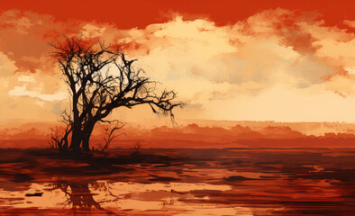 Fototapeta na wymiar Surreal sunset landscape featuring a skeletal tree silhouette against fiery orange and soft cloud hues.