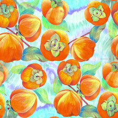 Persimmon fruits and leaves - seamless pattern. Watercolor background illustrations for greeting cards, fabric, kitchen textiles, wallpaper or wrapping paper. Use printed materials, signs, objects,  - 749585218