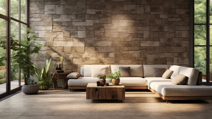A chic living room featuring a stone wall, natural light, and various plants for a biophilic touch