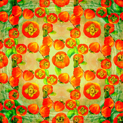 Persimmon fruits and leaves - seamless pattern. Watercolor background illustrations for greeting cards, fabric, kitchen textiles, wallpaper or wrapping paper. Use printed materials, signs, objects, - 749585463