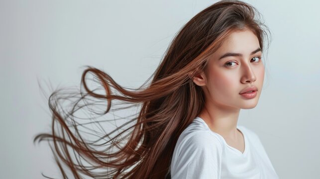 Portrait photography of young woman Wears a white t-shirt, has long hair and is cute and beautiful.