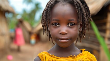 a young girl with dreadlocks is standing in front of a hut and smiling at the camera