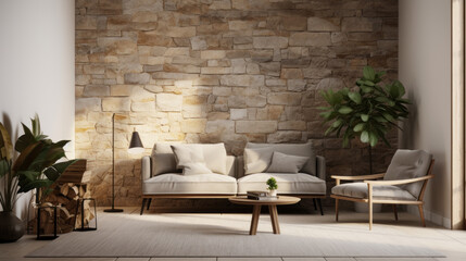 A chic living room featuring a stone wall, natural light, and various plants for a biophilic touch