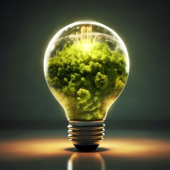 Green energy represented by a world map on a light bulb symbolizes sustainable renewable energy and environmental protection.