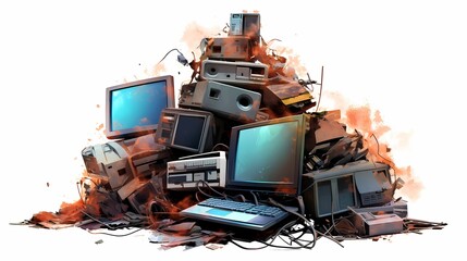 electronic waste pile On a transparent background