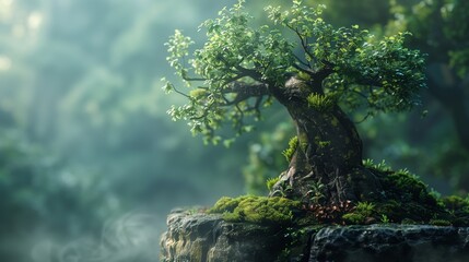 A terrestrial plant, a tree, grows on a rock amidst a forest landscape - obrazy, fototapety, plakaty