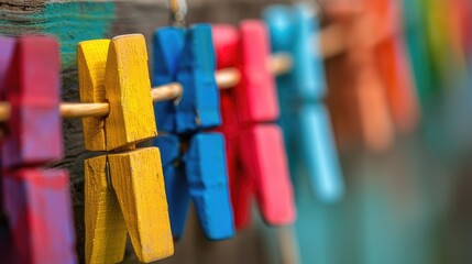 close-up of colorful laundry pins and hung clothes drying. - obrazy, fototapety, plakaty