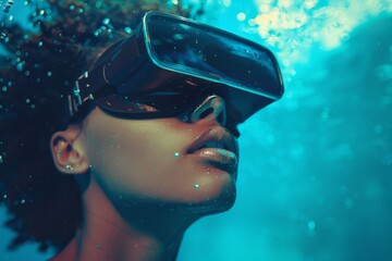 A young woman is captivated by a virtual reality experience, her gaze lifted and lips slightly parted.