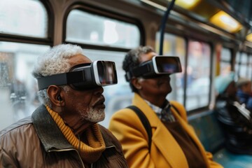 An elderly couple deep in a virtual experience on a city bus, showcasing a fusion of traditional daily life and cutting-edge technology.