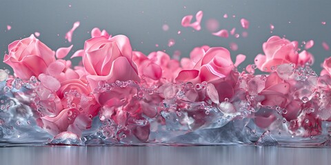 Rose in water. Water splash, wave on a plain minimalistic gray background. Universal background, wallpaper.