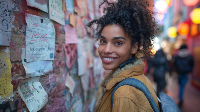 Smiling curly girl on a colored alley
