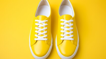 Pair of stylish white sneakers on vibrant yellow background, modern fashion footwear concept - obrazy, fototapety, plakaty