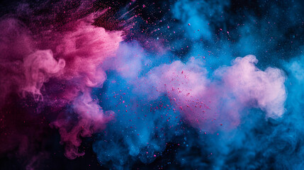 Vibrant pink and blue powder splash,  floating in the air against a black background. - obrazy, fototapety, plakaty