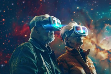 Obraz premium A senior couple, draped in warm light, experiences the wonders of space via virtual reality, bridging technology and dreams.