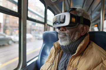 An engrossed senior African American man explores virtual reality on a city bus, illustrating the fusion of daily life with cutting-edge tech.