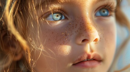 Closeup of a young girls face with blue iris, freckles, and rosy cheeks - obrazy, fototapety, plakaty