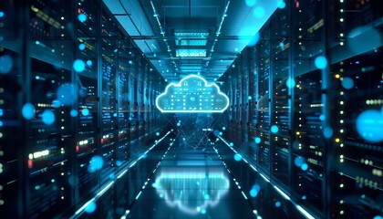Hybrid Cloud Integration Architecture, a hybrid cloud integration architecture within a data center concept with an image depicting seamless integration between on-premises infrastructure, AI - obrazy, fototapety, plakaty