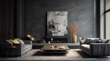 A chic living room featuring a textured wall finish in dark grays