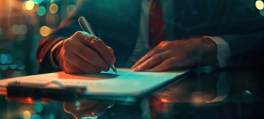 Businessman signs contract investment professional documents with a pen making the signature. Financial and insurance, job application. - obrazy, fototapety, plakaty