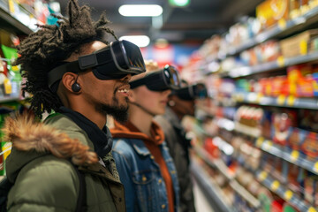 Amidst the shelves of a grocery store, a group of friends smile in unison, their VR headsets offering an escape to virtual worlds far beyond the confines of everyday shopping.