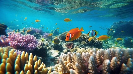 Underwater world. various types of beautiful fish and various types of coral reefs that exist under sea water.sea world - obrazy, fototapety, plakaty