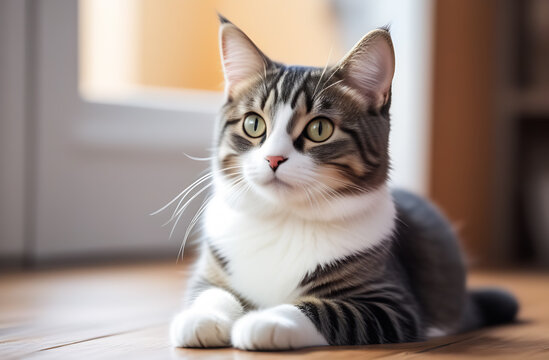 Beautiful cat lying on the floor at home. Shallow depth of field