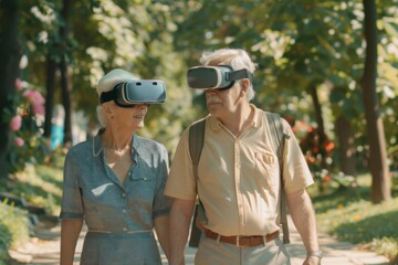 A cheerful elderly couple enjoys a virtual reality experience while walking in a vibrant summer park, smiling as they explore a digital world.