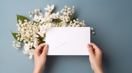 Obraz premium An envelope with a mock-up of a note made of blank paper in the hands of a woman and flowers on the table. View from above. An invitation, a postcard and a letter.