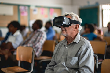 An elder man sits amidst a diverse classroom group, his face upturned and eyes covered by a virtual reality headset, immersed in a digital learning session.