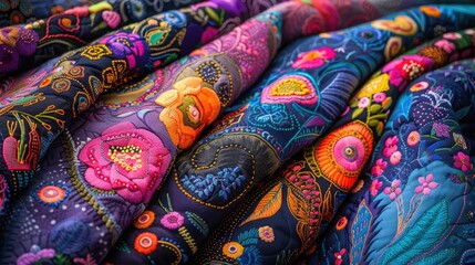 National Textile Day. Stack of vintage fabrics with floral print.