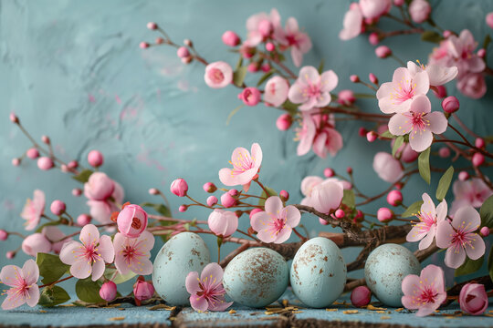 Spring Easter still life in blue tones with pink flowers. Painted blue eggs with golden dotes for Easter celebration