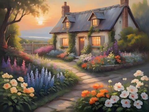 Lovely sunset view of cozy cottage garden scene with blooming flowers.