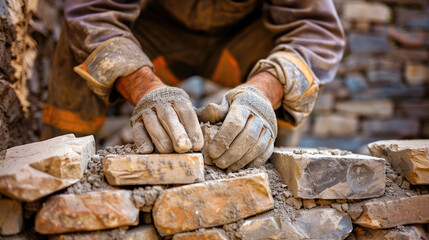 Close-up of hands laying bricks on a construction site