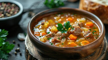Hearty beef soup in a clay bowl with fresh herbs