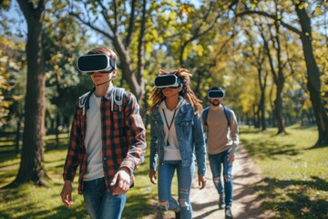 Young friends wander a tree-lined path, immersed in virtual reality, blending the warmth of autumn with the thrill of digital exploration.