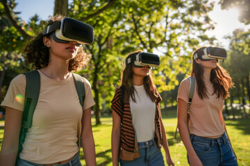 Obraz premium A diverse group of young women in a lush park are engrossed in a virtual reality journey, blending outdoor exploration with digital innovation.