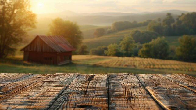 Warm sunset over a rustic wooden table with a blurred barn in the background