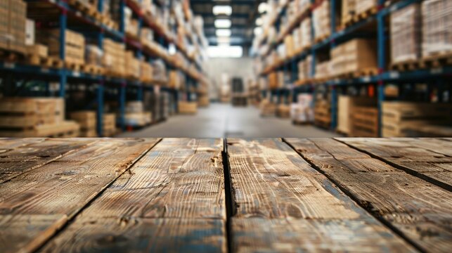 Wooden surface with a blurred warehouse aisle in the background