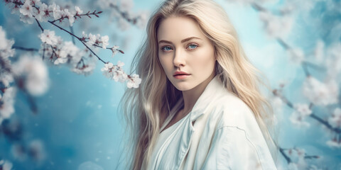 Portrait of a Beautiful Young Woman in a Spring Blossom Garden
