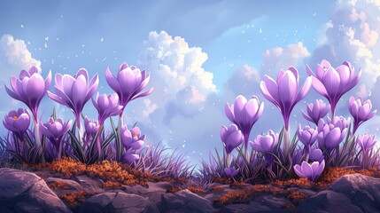 Obraz na płótnie Canvas Natural autumn background with delicate lilac crocus flowers on blue sky banner