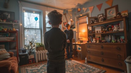 Obraz premium Boy Standing in Living Room Looking Out Window