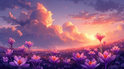 Natural autumn background with delicate lilac crocus flowers on blue sky banner - obrazy, fototapety, plakaty