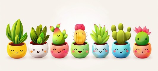 Cute happy funny succulents plants,cacti,flower emoji set collection. cartoon kawaii character illustration.Scculents,flowerpot,cactus plants stickers bundle concept.Isolated on white background - obrazy, fototapety, plakaty
