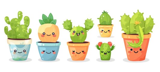 Cute happy funny succulents plants,cacti,flower emoji set collection. cartoon kawaii character illustration.Scculents,flowerpot,cactus plants stickers bundle concept.Isolated on white background