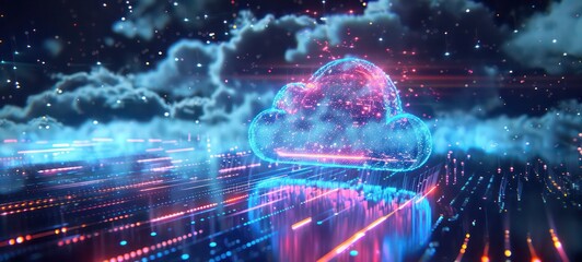 Creative background, the image of the hologram of the cloud, blue background. The concept of cloud technology, cloud storage, a new generation of networks. Mixed media.